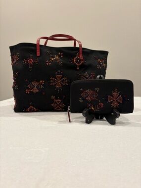 RARE FENDI BEADED ROLL BAG WITH LIZARD LEATHER TRIM and MATCHING WALLET